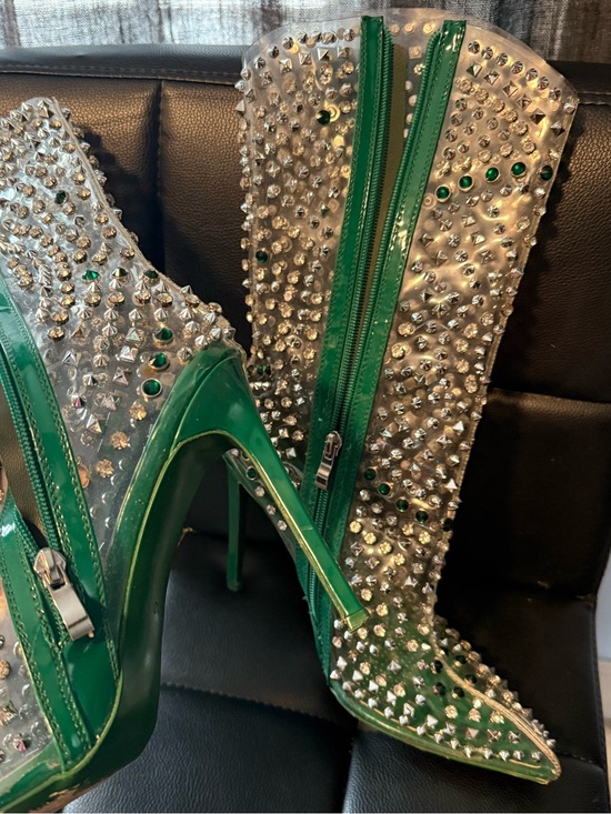 Azalea Wang Shoes - Green Crystal-Embellished Pointed Stiletto Boots